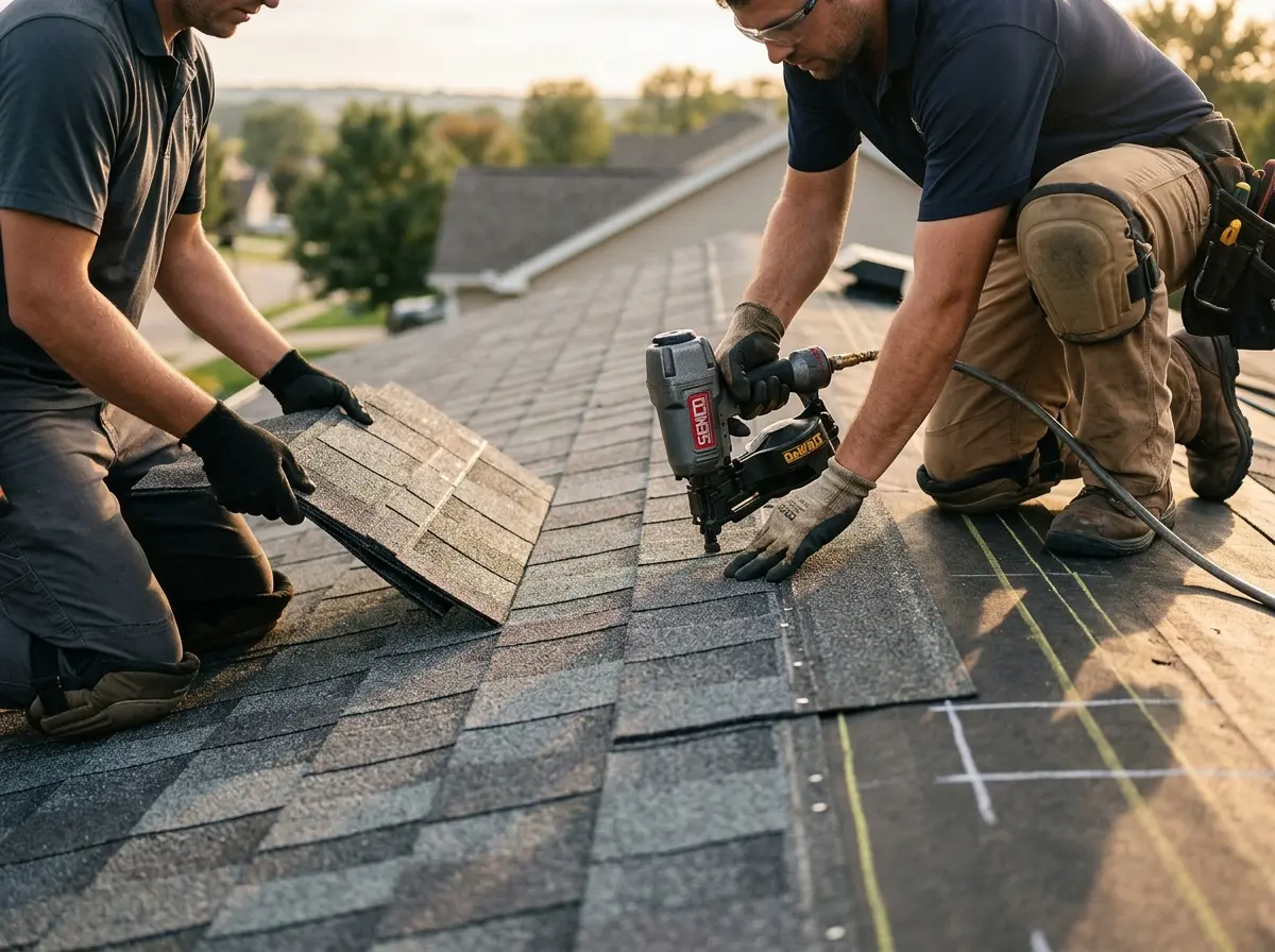 Professional roofer working on a residential roof in Dunn